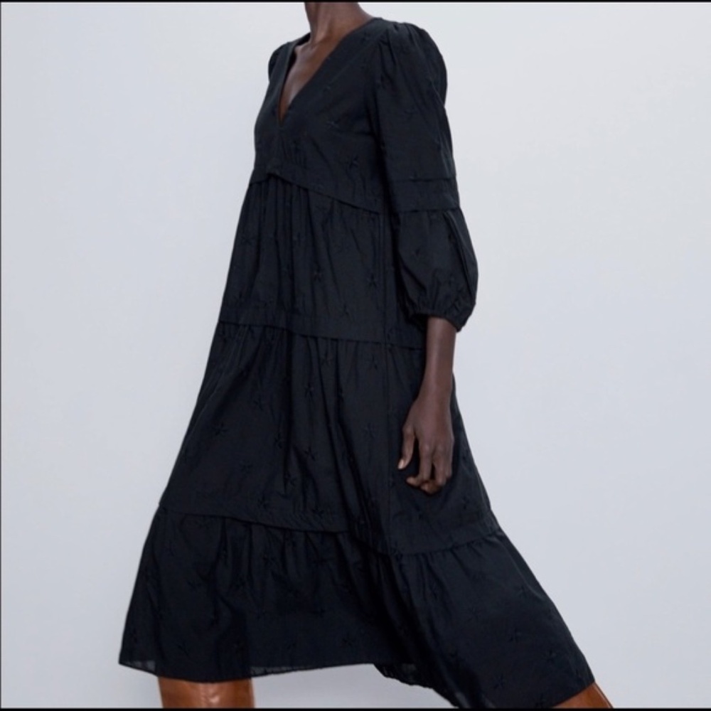 Zara Black cotton eyelet embroidered midi poplin dress size XS/s